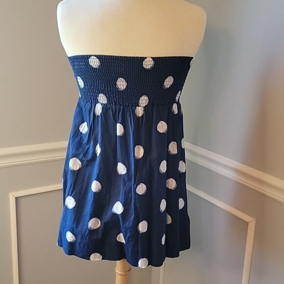 HOLLISTER Blue White Polka-Dot Strapless Ruffle Mini Boho Preppy Summer Dress M - Picture 3 of 8